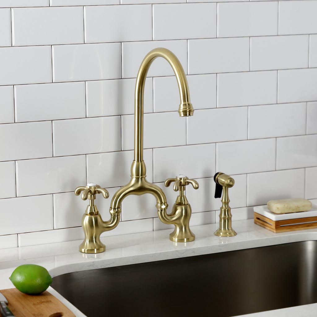 French Country Two-Handle 3-Hole Deck Mount Bridge Kitchen Faucet